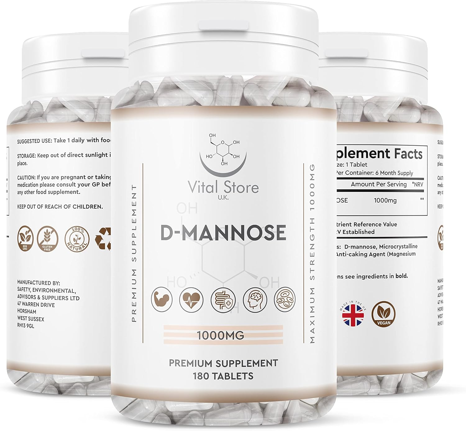 DMannose Tablets 1000mg 180 Vegan Tablets (6 Month Supply) High