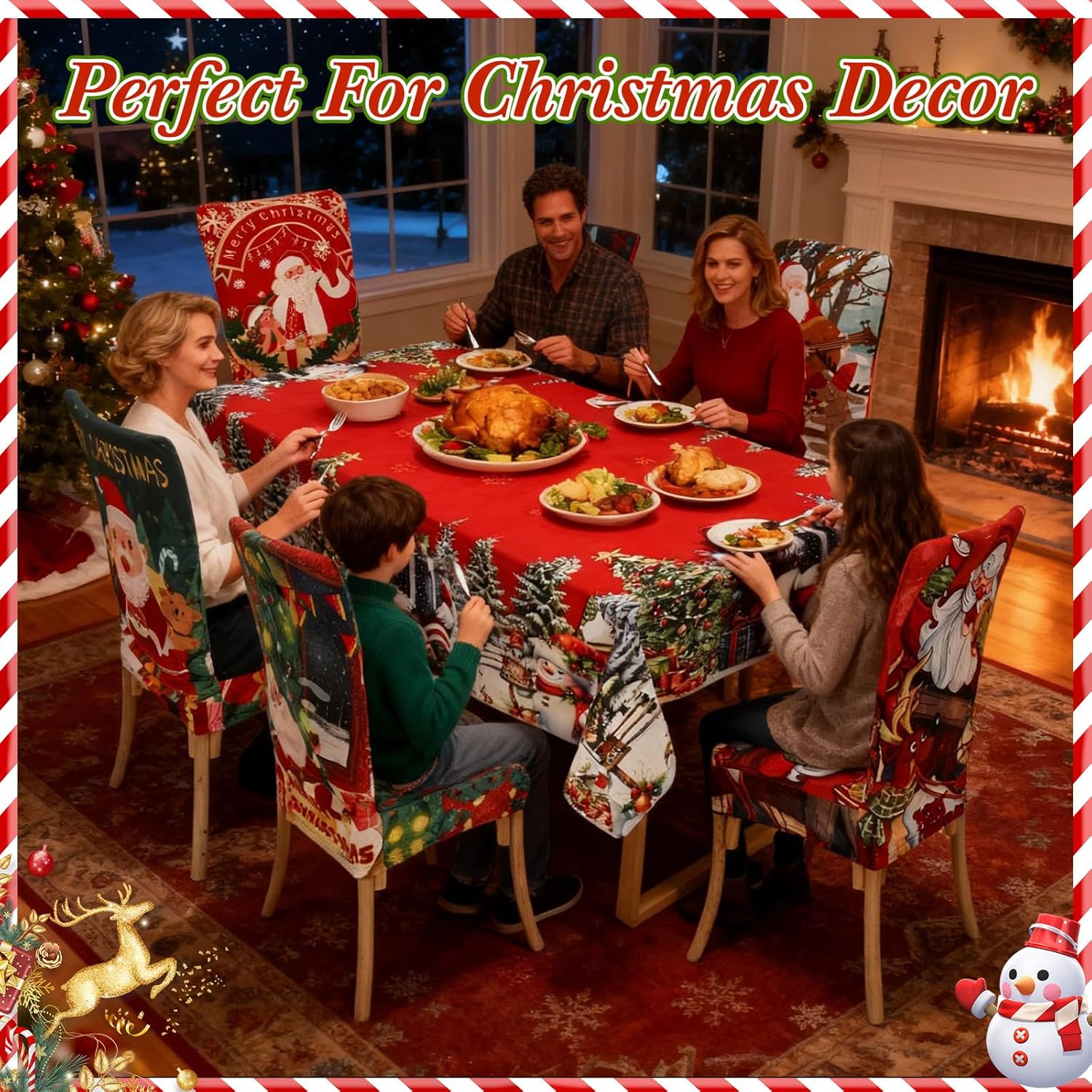 7 Pcs Christmas Tablecloth and Chair Covers Set Stretchable Washable Red Santa Holiday Table Cover and Seat Protector Slipcovers for Xmas Dining Room Kitchen Party (Rectangle,80 x 55 Inch)