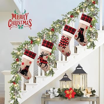 Large Christmas Stockings with Reindeer Snowflake Cat Dog Pattern, 4 Pack 18 Christmas Stockings Burlap Plaid Xmas Stocking Holiday Christmas Decoration Gifts for Family (Traditional, Set of 4)