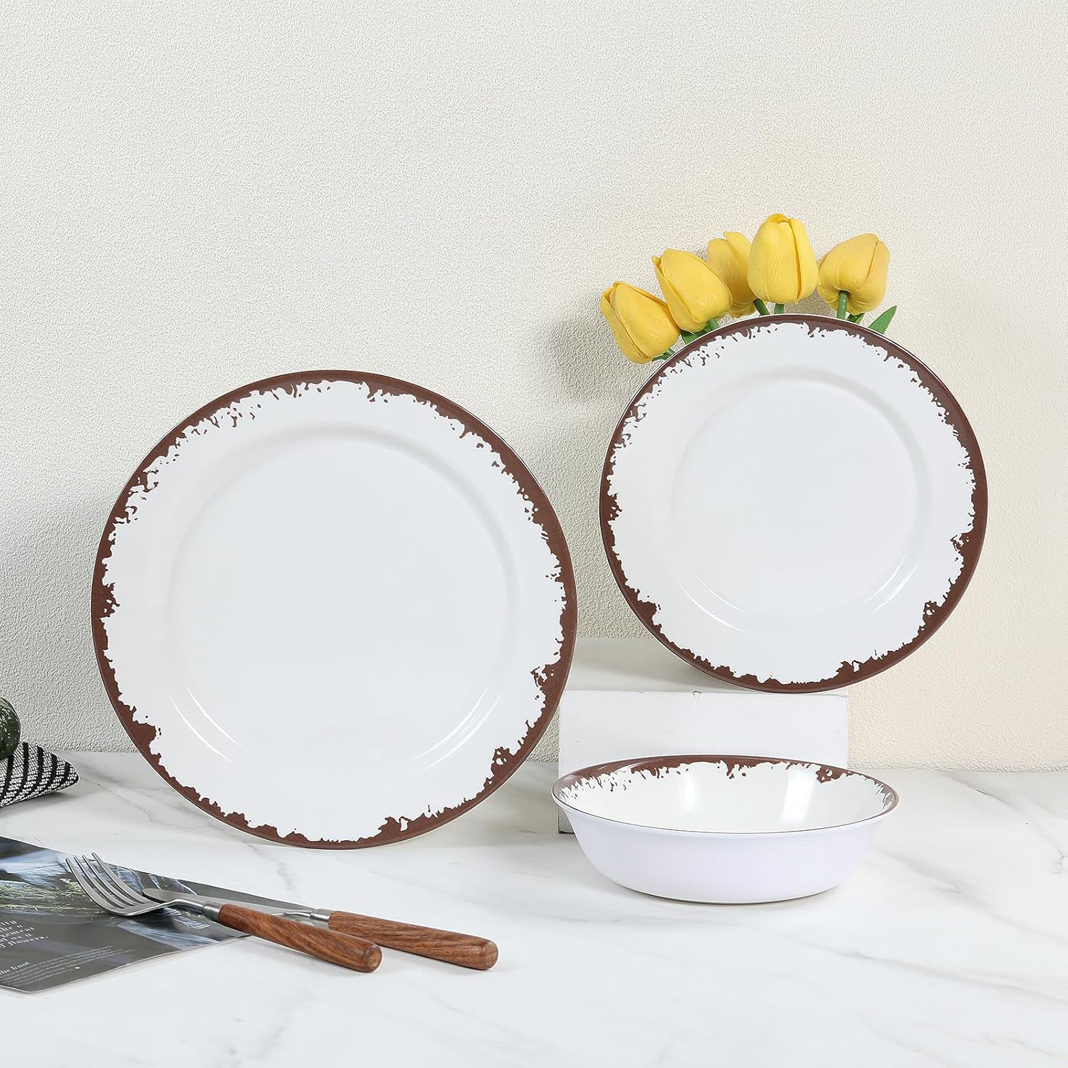 Melamine Dinnerware Set-12 Piece Melamine Plates and Bowls Set for 4,Lightweight yet Durable Dish Set,Camping/RV Unbreakable Serving Dishes, Dishwasher Safe, Off White