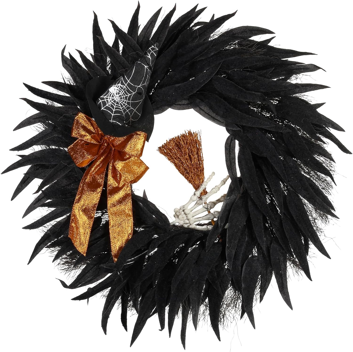 Halloween Wreaths for Front Door, 26inch Wreath, Based on Black Aartificial Feathers, It's with Skull Hands and Abstract Witch Shapes, Creepy Decor for Home Front Door and Window. (Black)