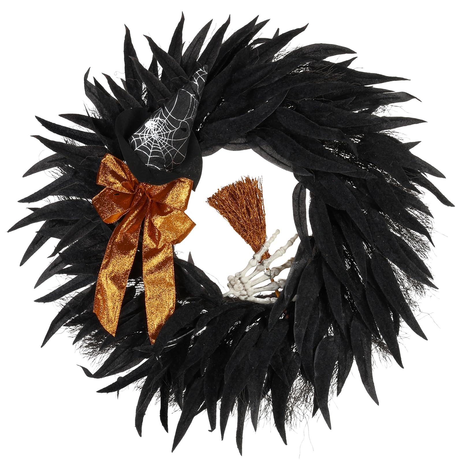 Couronne d'Halloween de 66 cm en plumes noires avec mains de crâne pour décoration