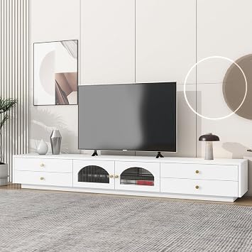 Luxurious TV Stand with 4 Drawers and Glass Doors Cabinet for Living Game Room Bedroom, Functional Media Console for TVs Up to 90, Modern TV Cabinet with Glass Storage Shelf White, 87 W