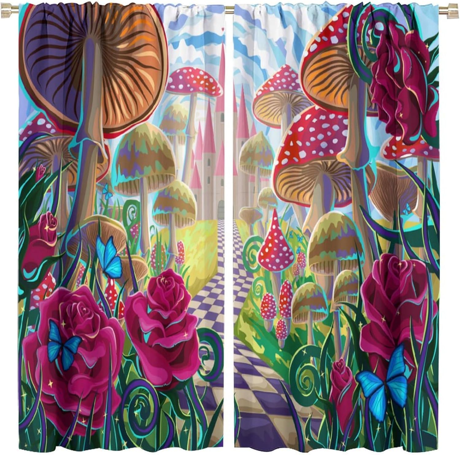 Fairy Tale Mushroom Curtains, Funny Colorful Fantastic Dreamy Castle Floral Pink Red Rose Butterfly, Blackout Rod Pocket Window Treatments for Living Room Bedroom Bathroom (27.5x63in) x2 Panels
