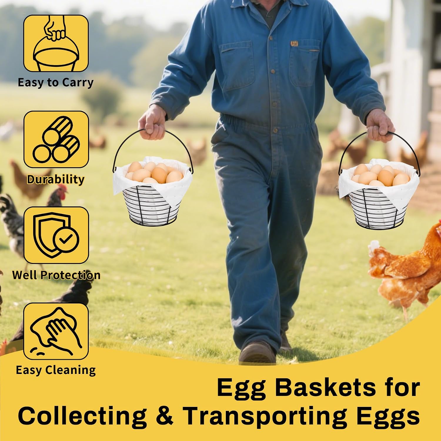 2 Pcs Metal Egg Basket with Soft Pads, 8 Inch Wire Egg Basket for Gathering Fresh Eggs, Eggs Collecting Baskets for Chicken Duck Goose