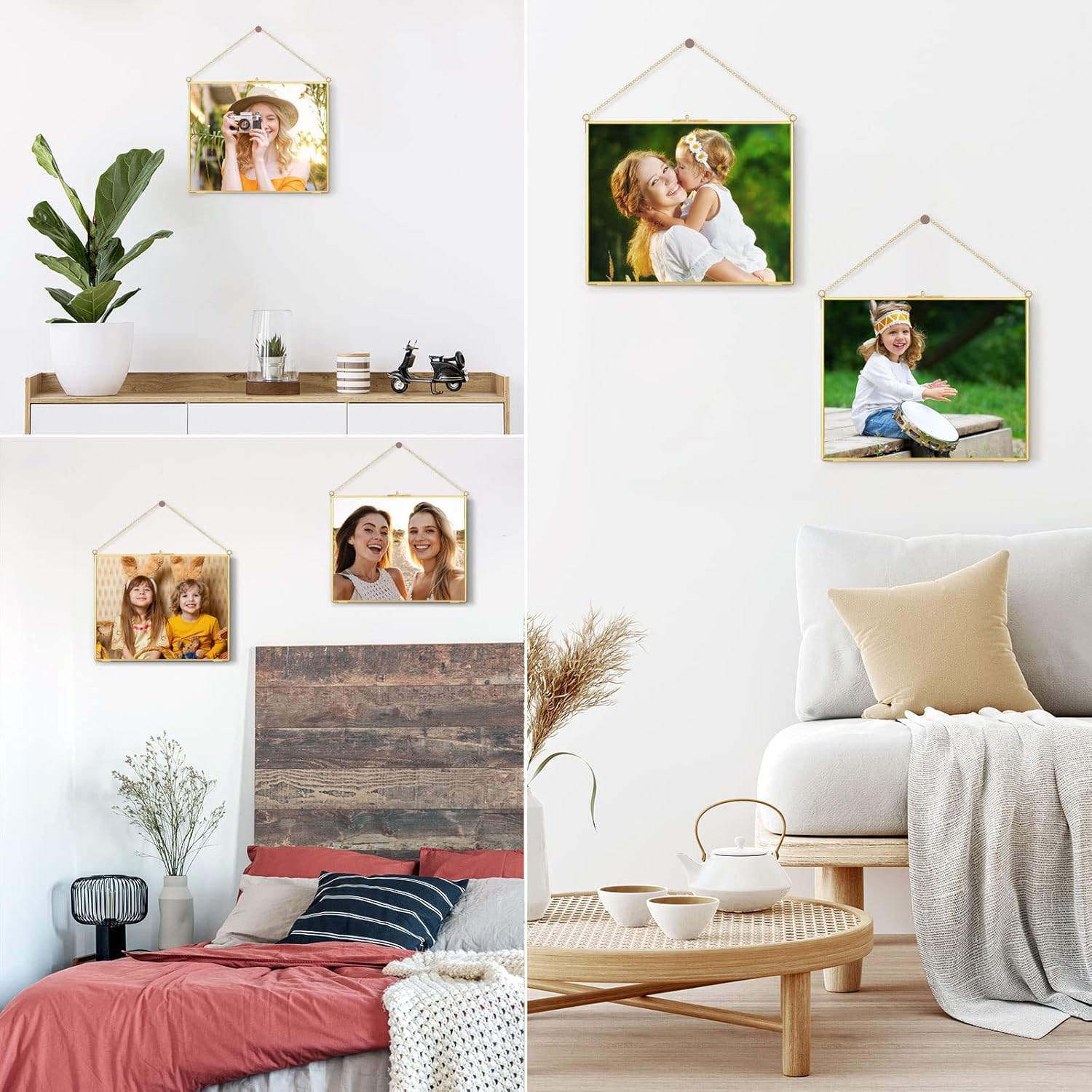 Roowest 3 Pcs Double Glass Frame for Pressed Flower 8 x 10 Inch Floating Picture Frame Brass Hanging Photo Artwork Display with Chain Wall Decor for Wedding Gallery Pictures DIY Decor