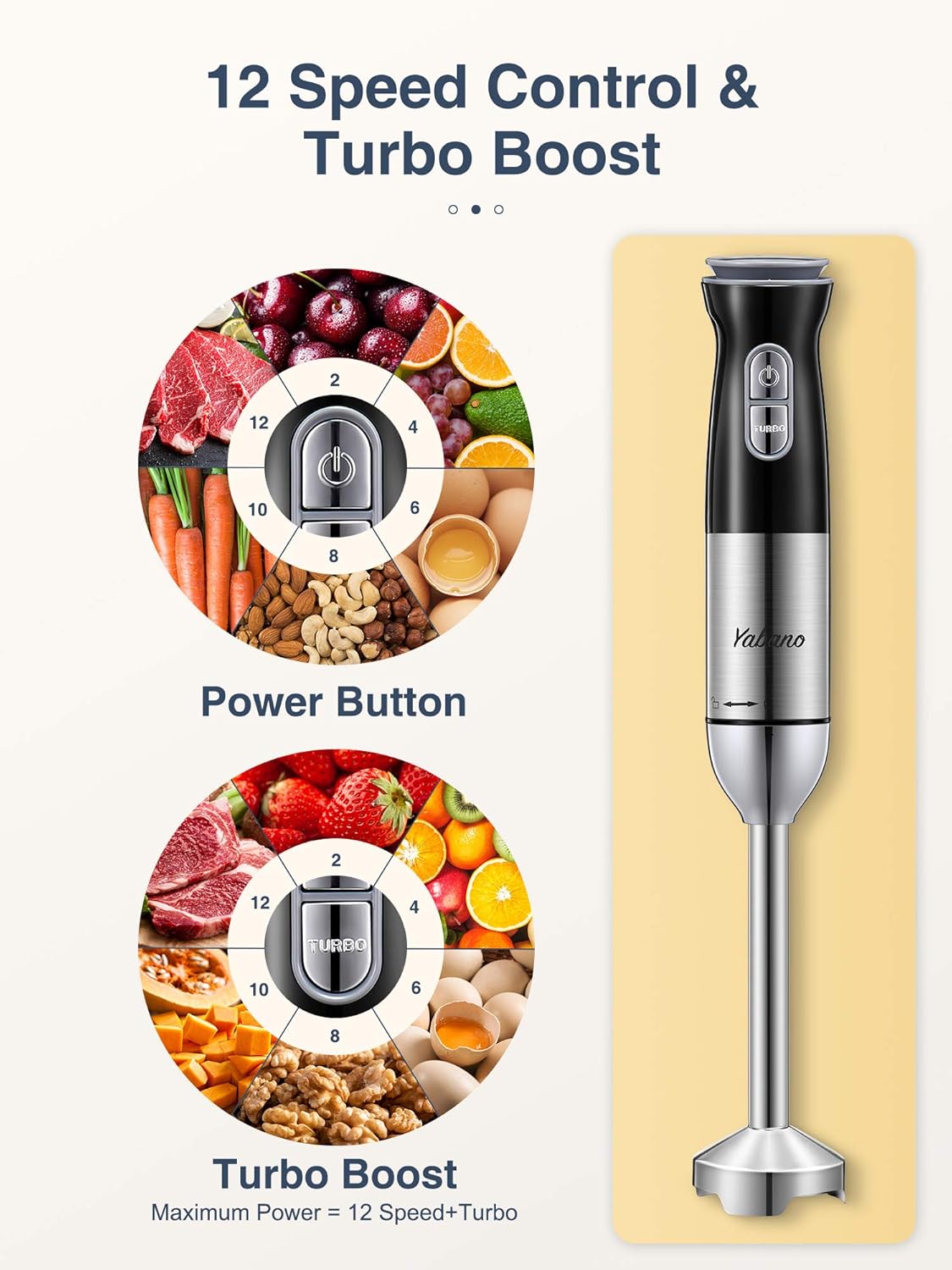 5 in 1 Stick Hand Blender Set for Kitchen, 12 Speed Stainless Steel Immersion Chopper, Beaker, Electric Whisk, for Smoothies, Soups, Sauces, Baby Food by Yabano - Image 3