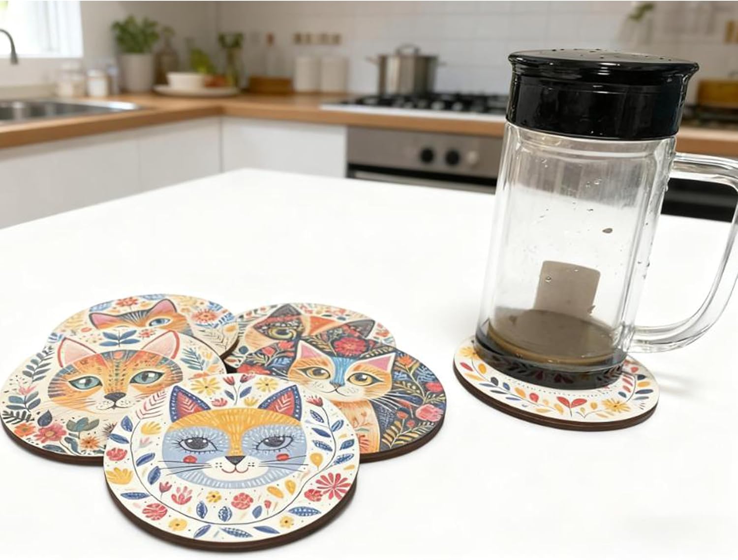 Coasters Set of 6, Wood Coasters for Drinks - Handcrafted Cat Design Thick Heat-Resistant for Beer, Coffee, Office, Bar, Farmhouse Home Decor, Tabletop Protection, for All Cups - Image 9