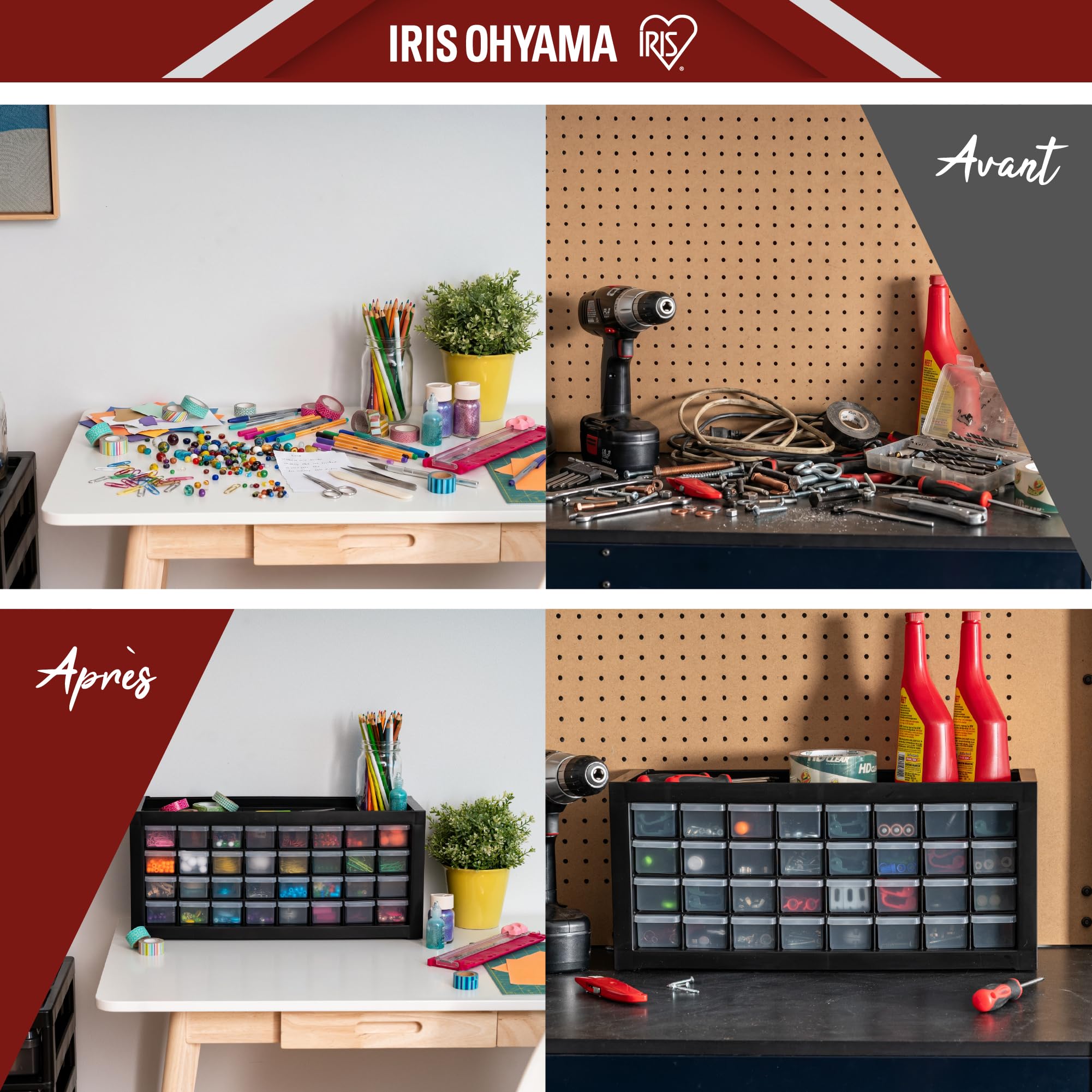 Iris Ohyama, Set de 2 Casiers de Rangement Vis, 32 Tiroirs, Empilable, Fixation Murale, Butée de Tiroir, Polyvalent, Quincaillerie, Bricolage, sans BPA, Compartiments, DPC-32