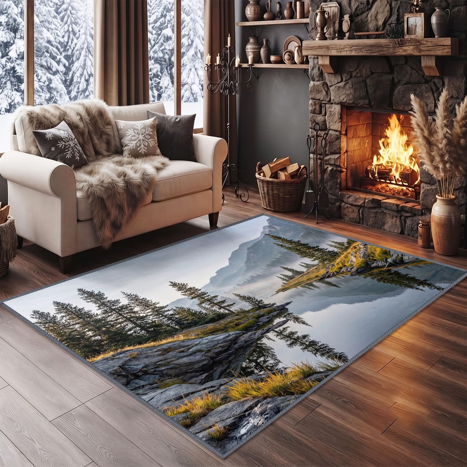 Teppich Wohnzimmer 180 x 240 cm Aquarell Natur See Kiefern 3D Druck Flanell Kurzflor Teppich Waschbar & rutschfest, Saugroboter Geeignet, Ästhetischer Schlafzimmerteppich Vorleger, Blaugrau