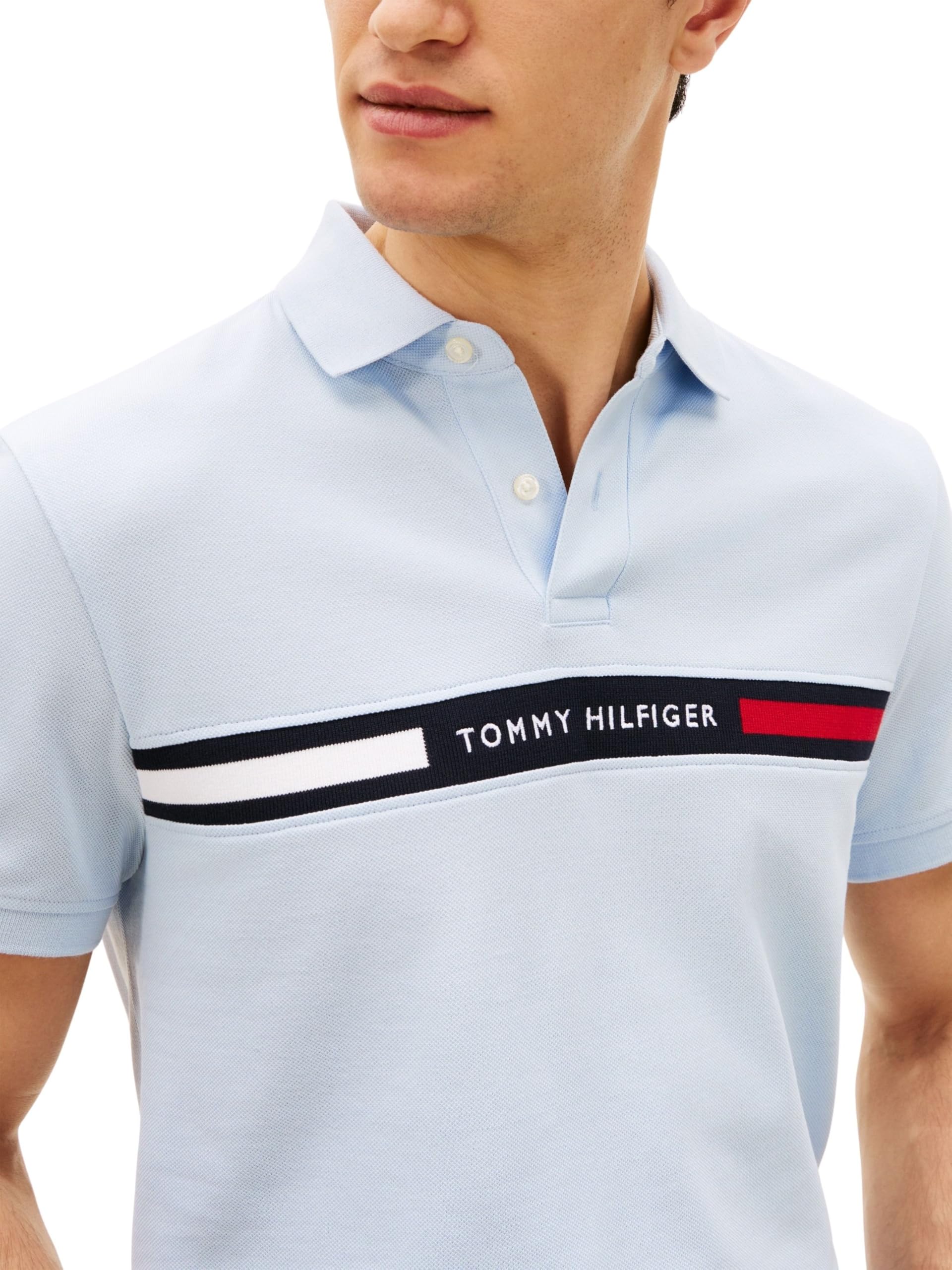 Tommy Hilfiger Polo de Manga Corta Hombre Chest Insert Regular Fit, Azul (Breezy Blue), XL