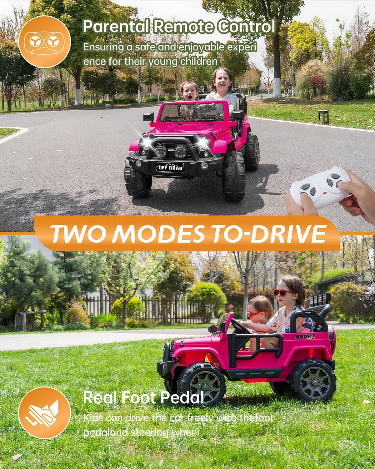 2 Seater Electric Car for Kids - Ride On Truck Car with Parent Remote Control,LED Lights, Bluetooth, Music & Horn, 20“Spacious Seat for Boy Girl Christmas & Birthday Gift (Rose, 12V)