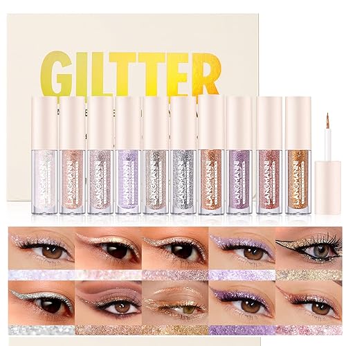 BestLand Delineador de ojos y sombra de ojos con purpurina líquida de 10 colores - Delineador de ojos líquido morado blanco plateado Delineadores de