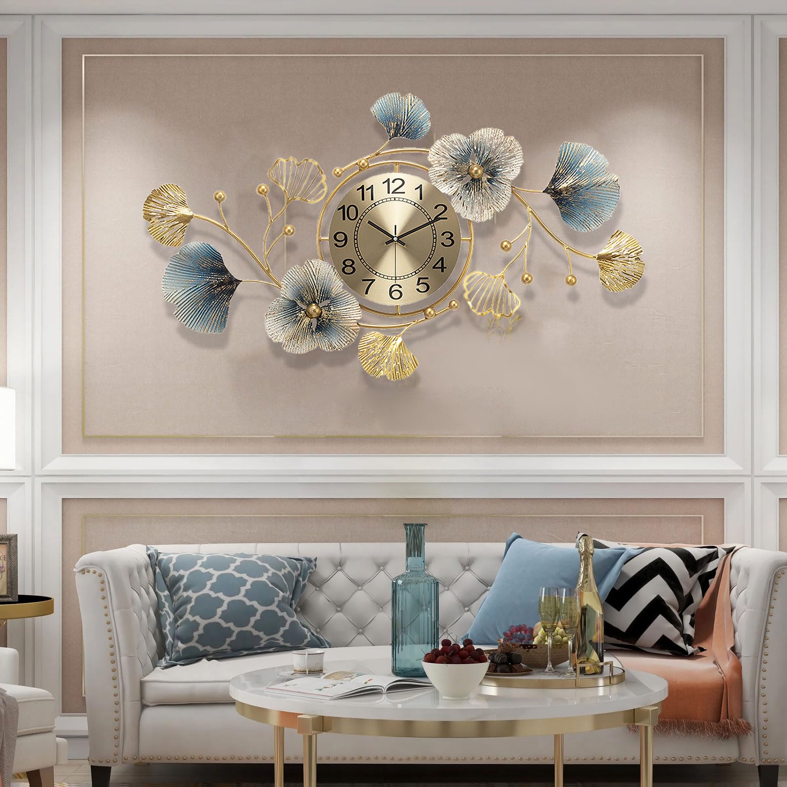 Large Decorative Wall Clock 62 Inch, Oversized Silent Non-Ticking Decorative Wall Clocks Metal Ginkgo Leaf Unique Design Fancy Style Home Decor Ideal for Living Room Bedroom Office School