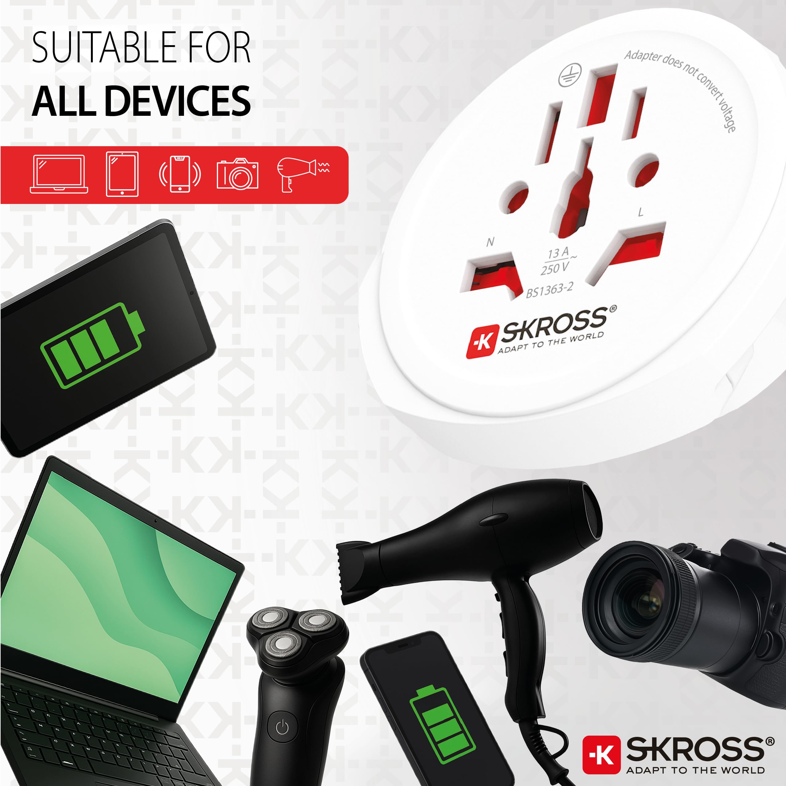 SKROSS World to UK adapter podróżny – uniwersalny adapter gniazdkowy ze świata na UK typ G, 7 A, 100-250 V, do laptopa, suszarki do włosów i elektroniki – kompaktowy i bezpieczny