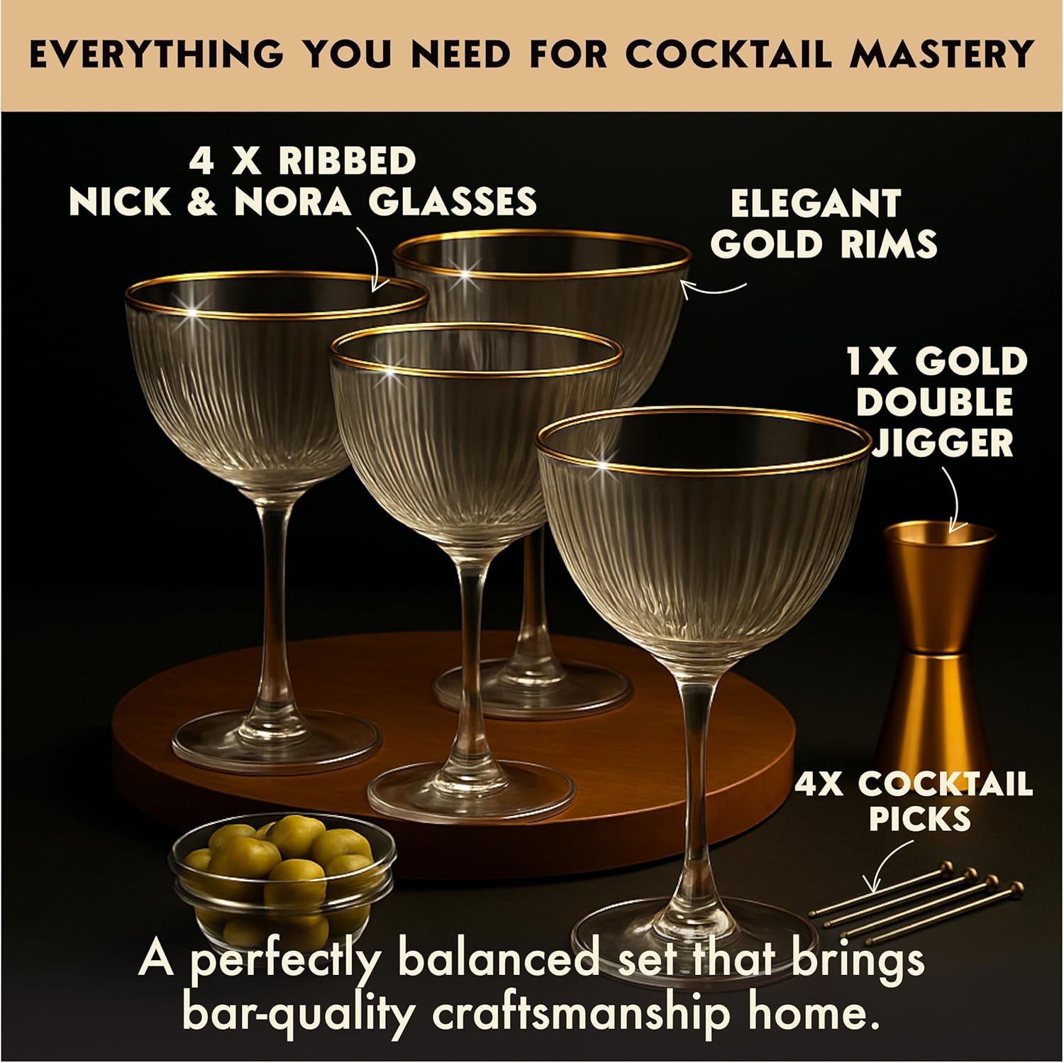 VEMACITY - Ribbed Nick and Nora Cocktail Glasses with Gold Rims (5.4oz) | Nick & Nora Glasses Set of 4, Jigger & 4 Picks - Vintage Glassware | Gimlet Cocktail Glasses | Ideal for Gifting