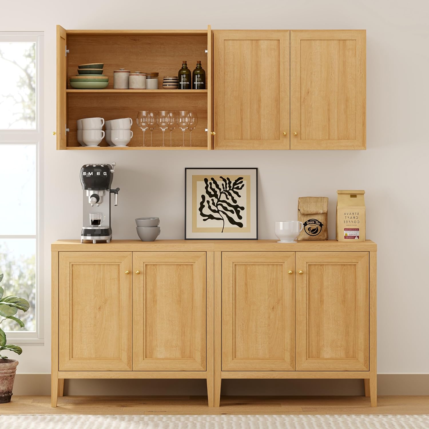 EYYTHUNG Laundry Wall Cabinet, Farmhouse Wood Storage Cabinet with Doors and Adjustable Shelf Wall Mounted Cabinets for Kitchen Dining Room Living Room, Natural Oak