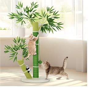 AiQInu Cat Scratching Post 33'' Tall Cat Scratching Posts for Indoor Cats and Kitten Climbing, Play & Rest - Nature Sisal Green Plant Cat Tree with Leaves and DanglingToy Ball