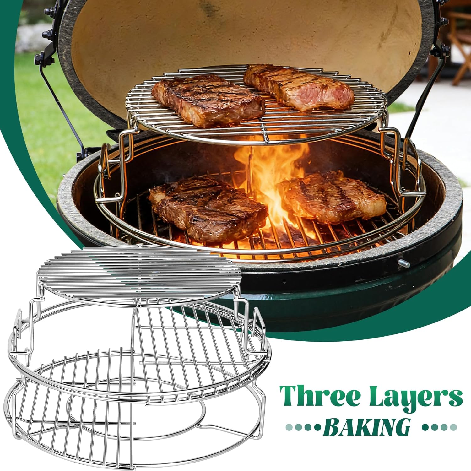 Eggspander for Medium Big Green Egg Accessories BGE Parts Multi-Level Expander Grill Rack Conveggtor Basket Grate Riser Cooking Extender Stainless Steel Smoking Rib Turkey Pizza Shelf