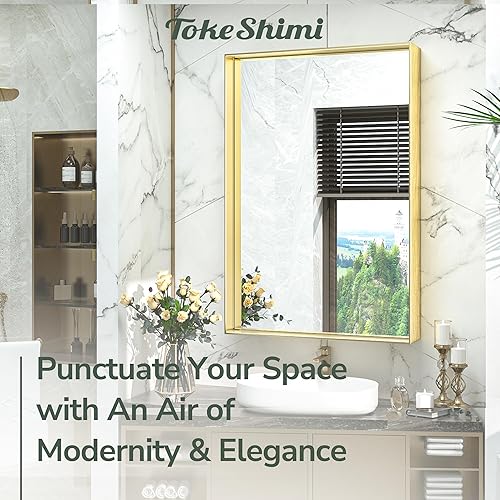 Miniatura 2 de TokeShimi Espejo de baño dorado de 24 x 36 pulgadas para pared, espejo de tocador con marco de aleación de aluminio que no se oxida para decoración