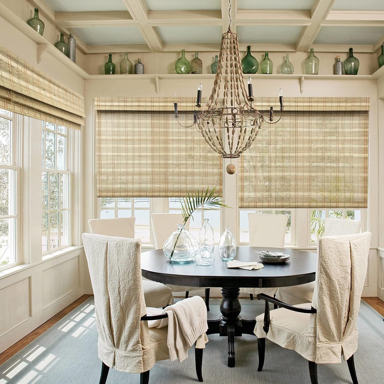 LANTIME Wood Cordless Roman Shades, Lined Blackout Bamboo Window Shades Blinds, Gold Plaid