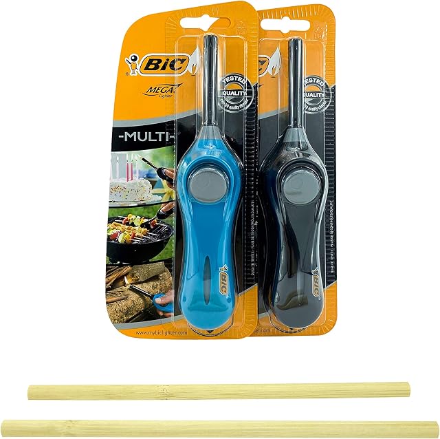 Bic Mega Standard Utility Lighter Black & Blue x 2 with Free Bamboo Straws