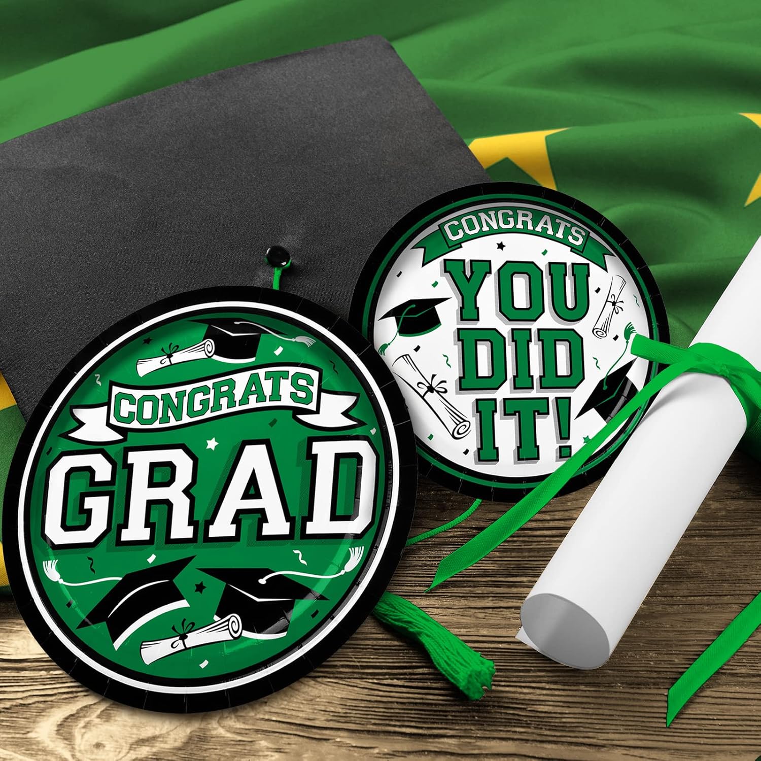 Gatherfun Graduation Party Supplies Dinnerware Set green Disposable dinner paper plates dessert paper plates and Napkins for Congrats Grad Party Decorations, Serve 50
