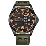 Mens Leather Watch -Aviation Watch&comma; Quick-Set Day-Date Leather Band with Steel Rivets&comma;