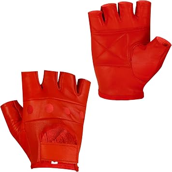 Mens Leather Gloves Racing Fingerless Motorcycle Hand Black & Red Gloves W/Breathable Open Knuckle
