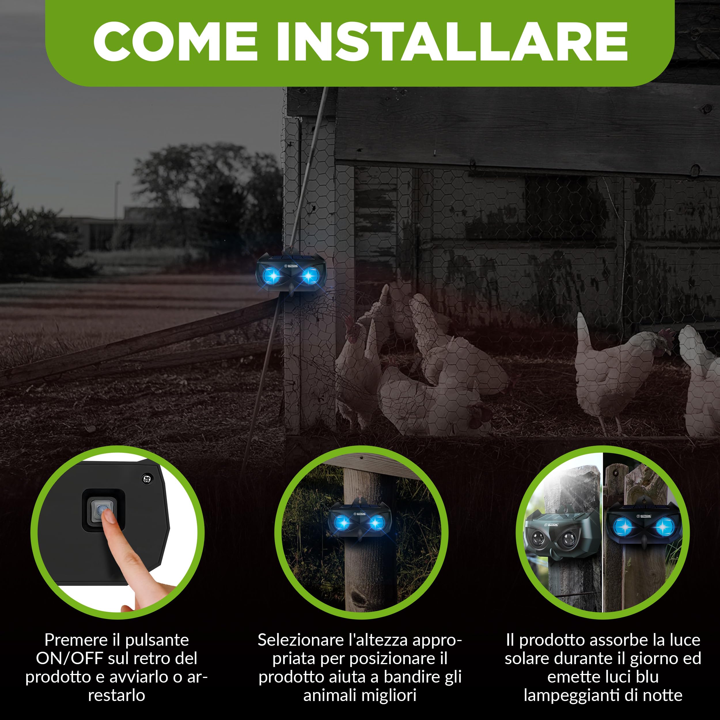 ISOTRONIC Repellente Solare Animali Selvatici LED Blu (4 Pezzi), Dissuasore per Procioni Cervi Volpi Cinghiali, Raggio d'azione 40m², Deterrente Efficace Esterno e Giardino Senza Veleni