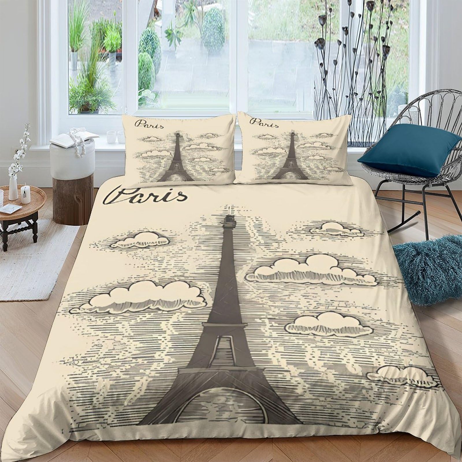 Housse de couette Tour Eiffel 3D Paris Romantique 3 pièces avec taies en microfibre King 220x240cm