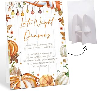 Fall Baby Shower Games, Late Night Diapers Sign, 8x11" Tabletop Sign with Stand, Pumpkin Gender Reveal Decorations, Pregnancy Announcement Baby Shower Games Activities for Guests