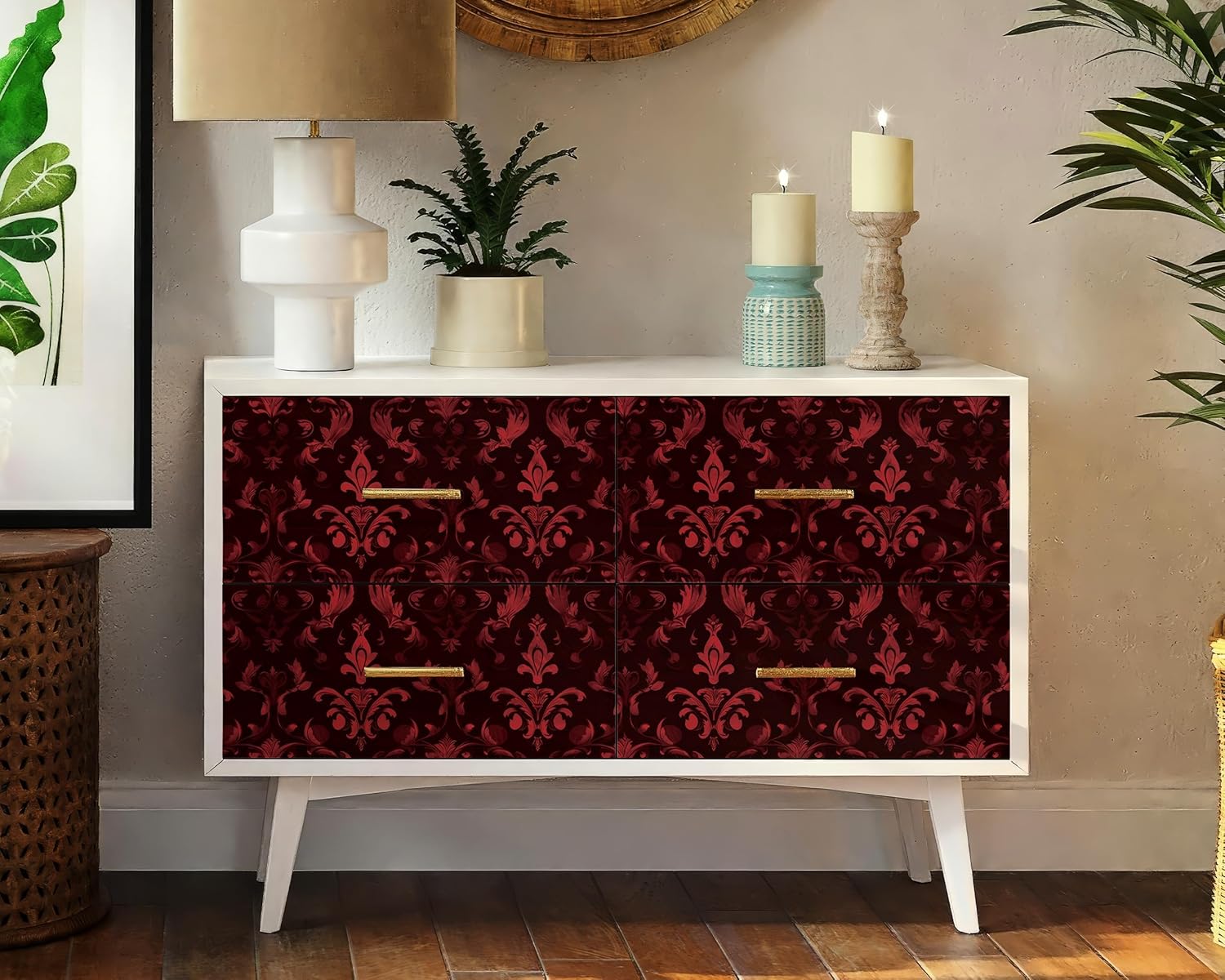 FLFK Red Vintage Wallpaper Peel and Stick 16" x 384" Vinly Self-Adhesive Contact Paper Waterproof Removable Wall Paper for Kitchen Bathroom Bedroom Dining Room Accent Wall Decor