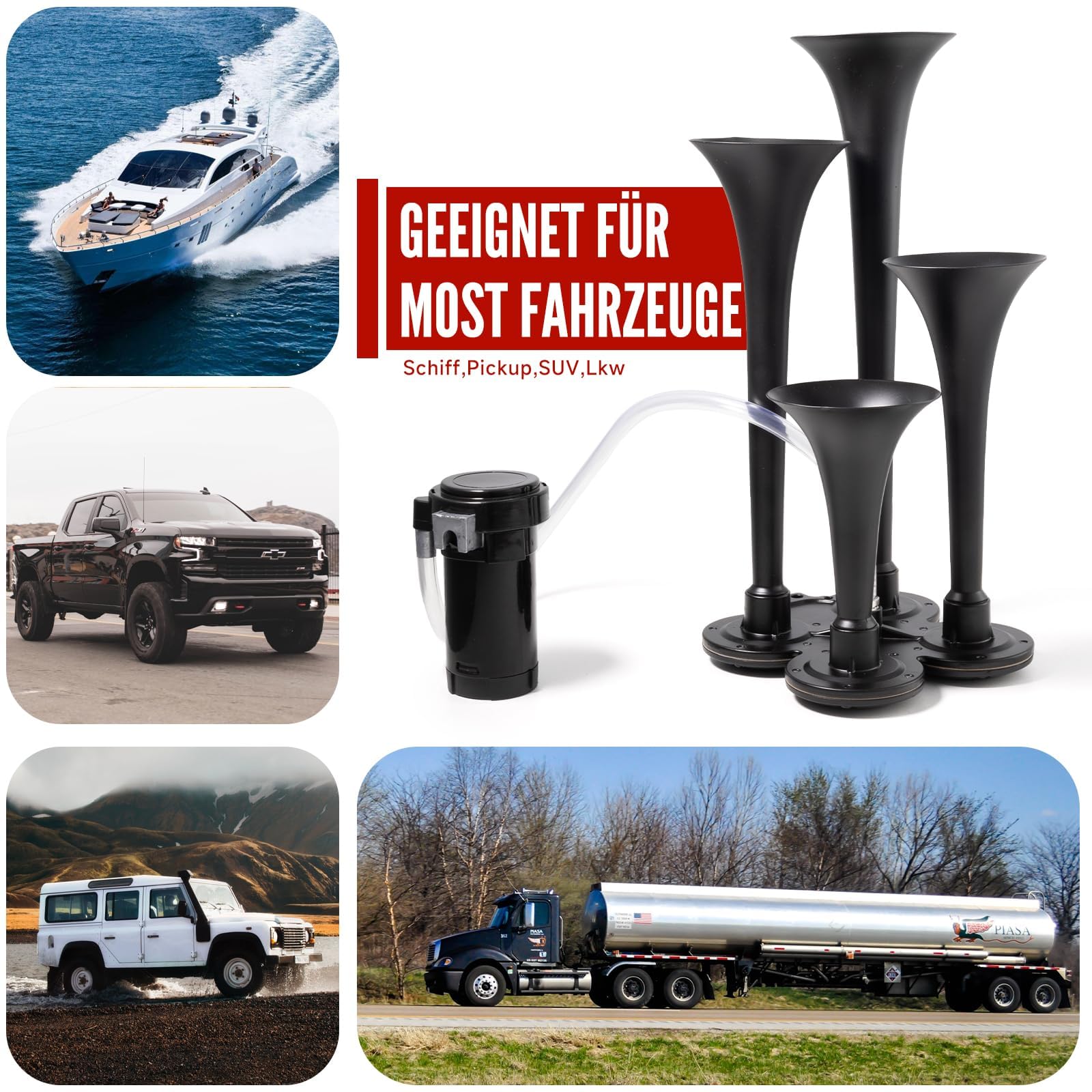FARBIN LKW Luft Horn 150DB Zug hupe 12V 4 Trompete Auto hupen für LKW Super Laute Luft Horn mit Kompressor für Fahrzeug Auto Pickup Jeep SUV Boot