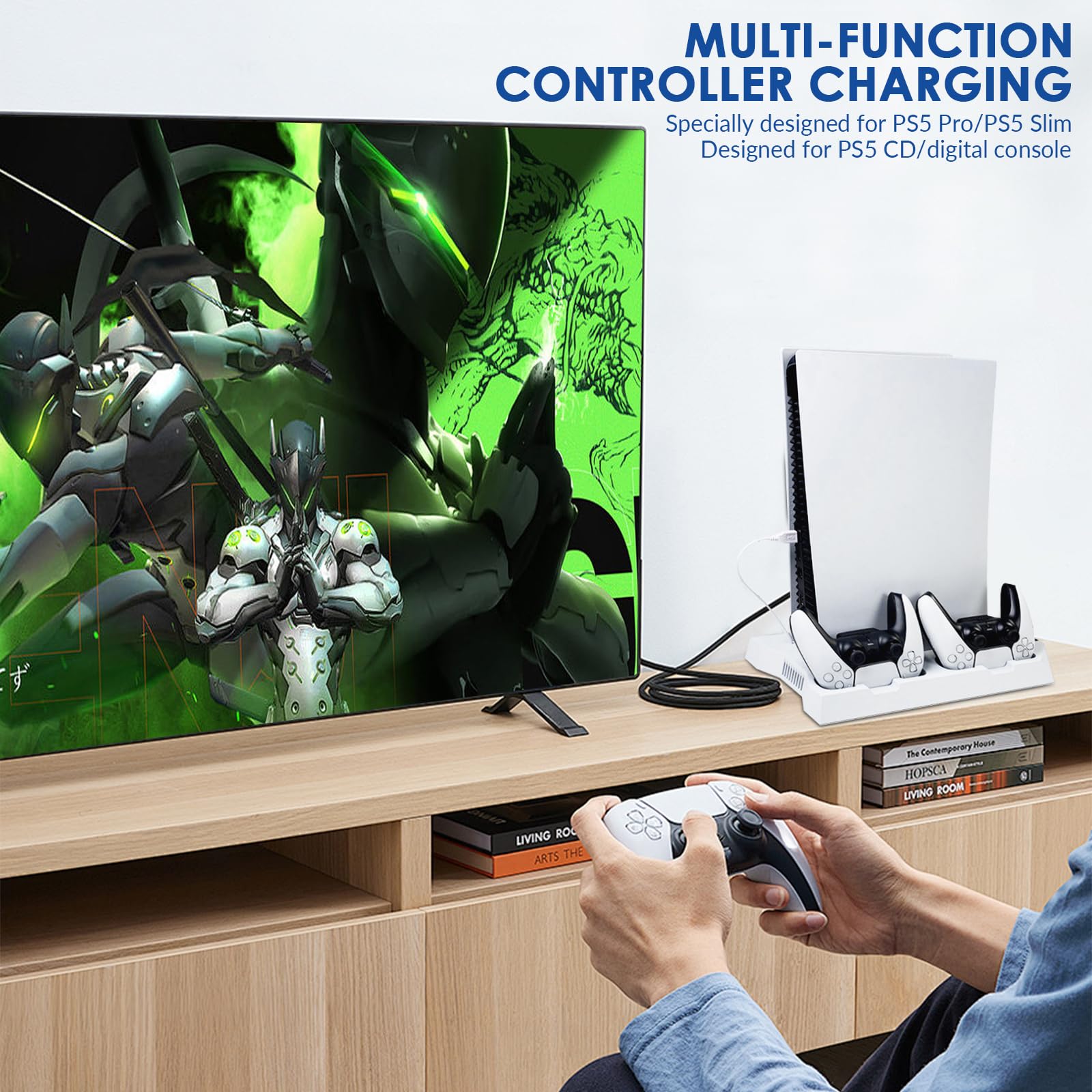 PS5 Ständer Multifunktions-Ständer mit 3 USB-Anschlüssen & Kühlfunktion – Vertikale Ladestation für 2 Controller + Headset-Halterung, Kompatibel mit Allen Modellen (Slim/Digital/Pro)