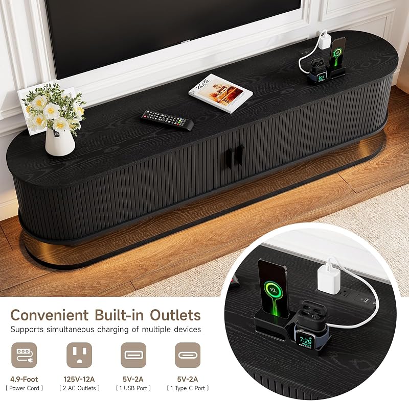 ComfyCorner 70" TV Stand Up to 80 Inch, Fluted Media Console Cabinet Black image 4