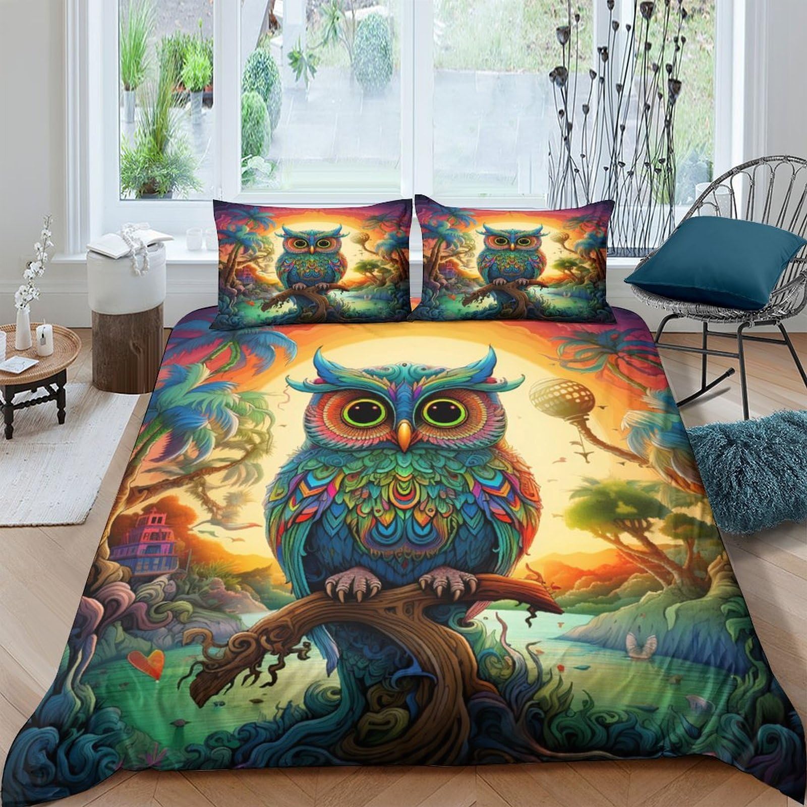 Ctjqhvkz Style-7 3D Printed Colorful Owl Fitted Sheet Microfiber Soft Breathable Forest Bed Cover For Bedroom Guest Room Decor Single（135X200cm）