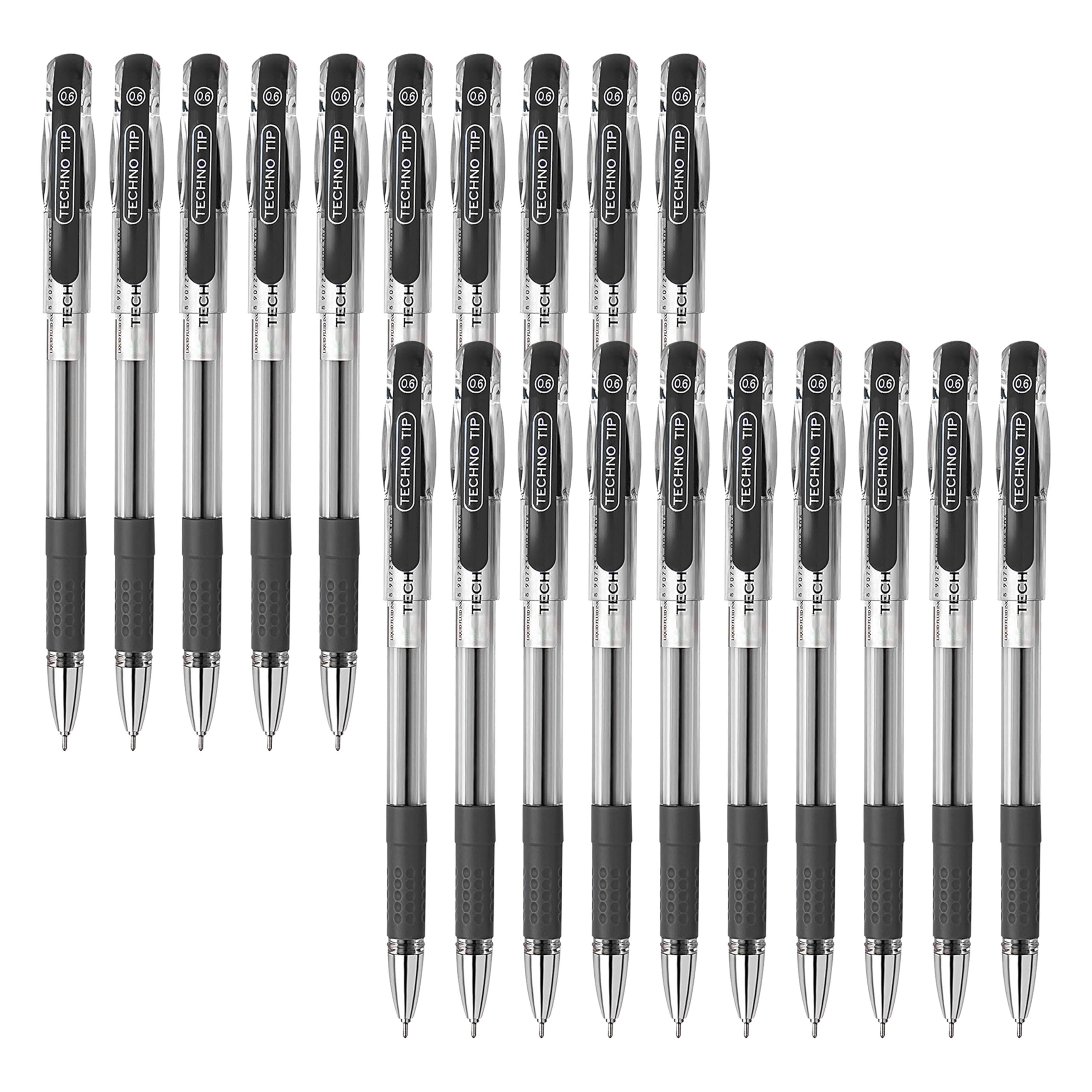 TECHNOTIP Ballpoint Pens, BLACK, Fine Point (0.6mm), Pack of 20, Elasto Grip, Fine Writing Ball Pens, Perfect for School Office Home Use, iZOFAX Black Ball Pen