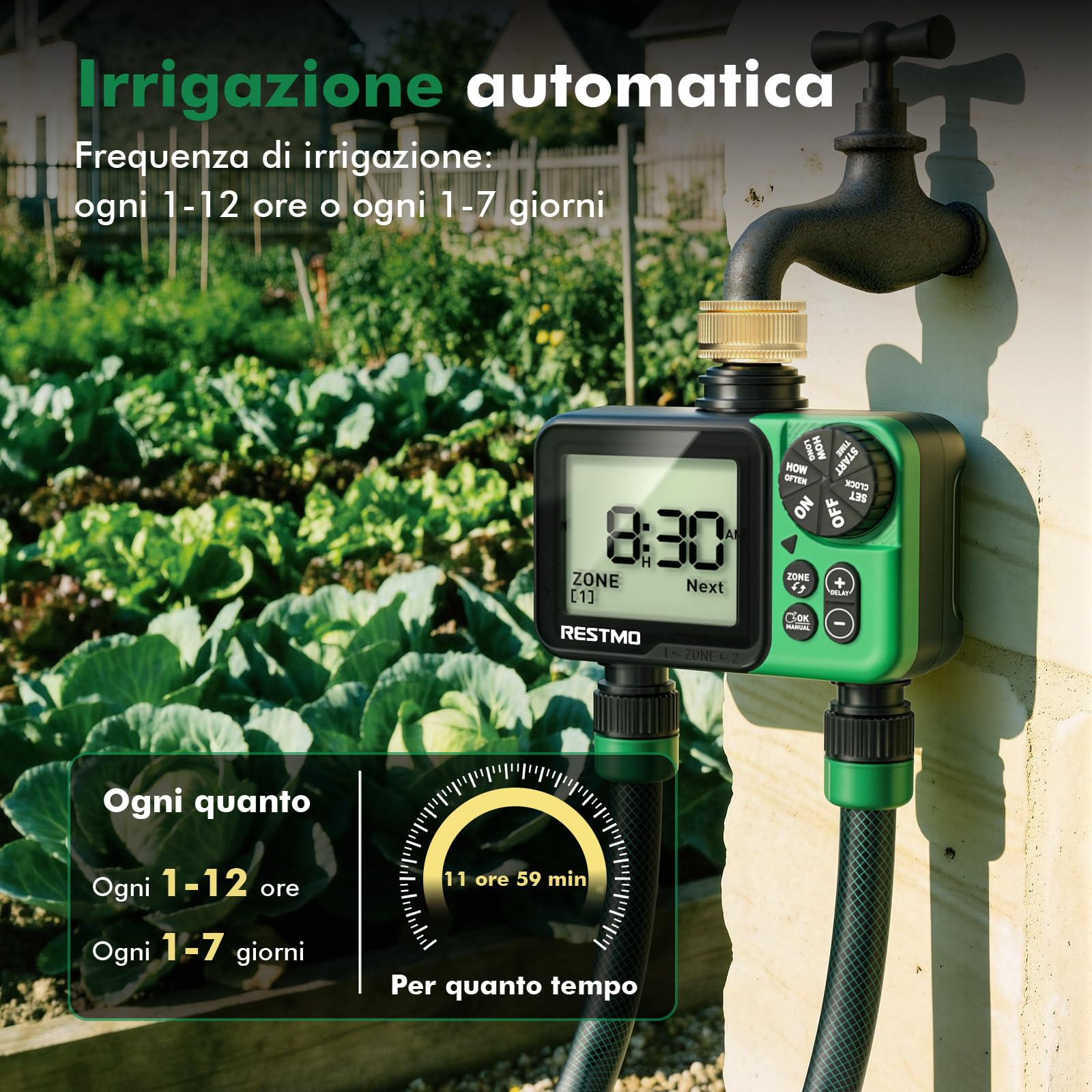 RESTMO Computer di Irrigazione 2 Zona, Timer Irrigazione con Display Grande | Automatico/Manuale/Ritardo Pioggia (12/24/48/72H), Timer per Tubo da Giardino, Rubinetto Esterno