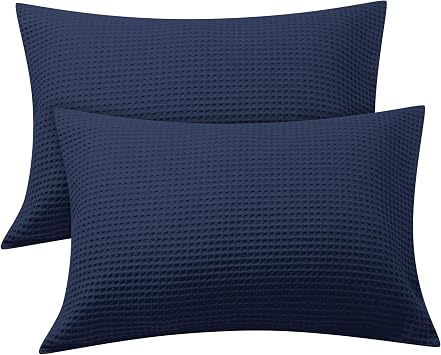 100% Egyptian Cotton 600 TC Waffle Weave Pillowcases King Size 2 Pack | Ultra Soft Pillow Shams with Envelope Closure, Breathable Skin-Friendly Decorative Bed Pillow Case, Navy Blue, 20"x36"