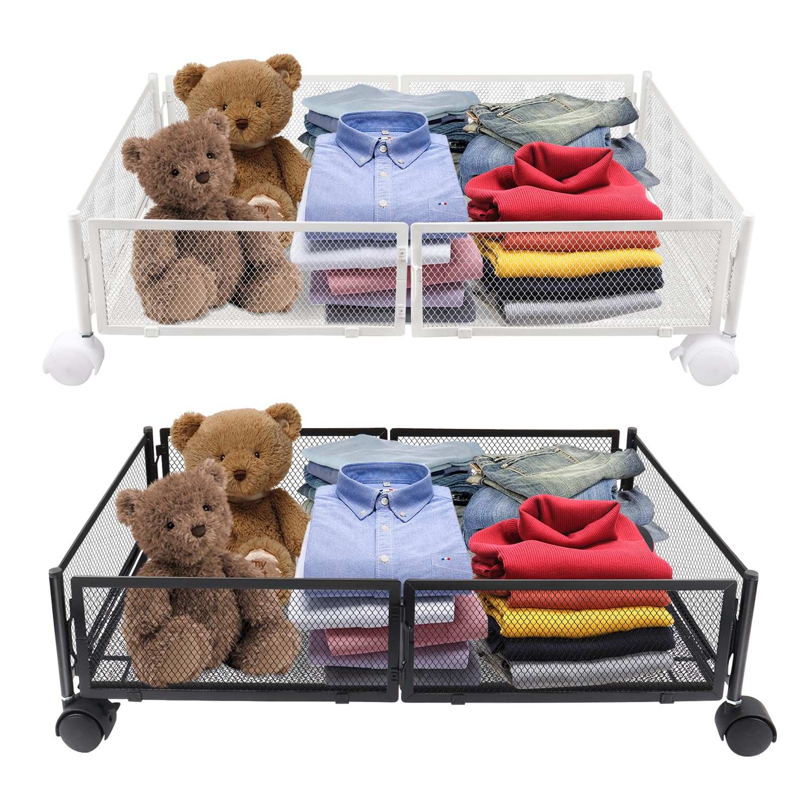 HUOLE Cassetto sotto-letto-pieghevole in metallo, vassoio portaoggetti sotto il letto, rotella, montaggio senza attrezzi, per camera da letto, soggiorno (60 * 40 * 17 cm-bianco-2 pezzi)