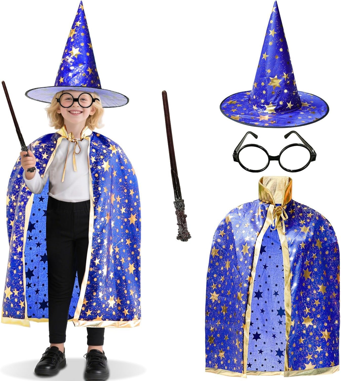 iGeeKid 4 Pack Halloween Wizard Costume Set for Kids, Include Witch Cloak, Wizard Hat, Wand and Round Glasses for Boys Girls