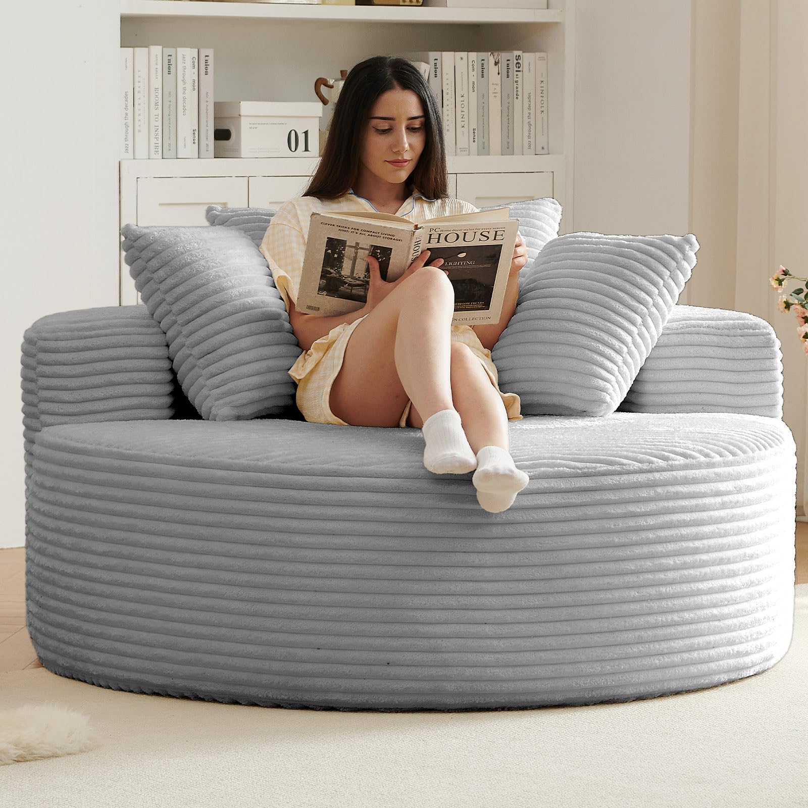 55''L Oversized Round Chaise Longue Chair Indoor, Corduroy Sponge Single Sofa, Oversized Round Chairs, Modern Sleeper Chair for Living Room,Projection Room, Wide Armrest Chairs Light Grey