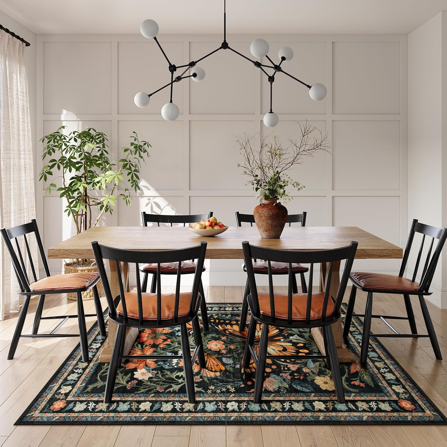 Morebes Butterfly Black 5x7 Area Rugs for Living Room, Boho Washable Carpet for Bedroom Non Slip, Soft Vintage Floral Indoor Floor Throw Rug for Office Playroom Nursery Dining Room