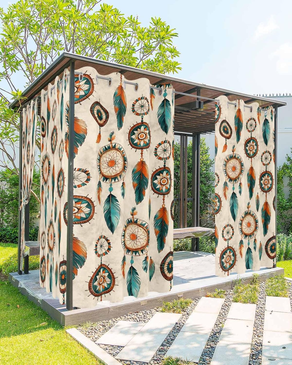 Bohemian Style Outdoor Curtain for Patio Waterproof, Dreamcatcher Feather Pattern Outside Curtains with Grommet Top Curtain Panels Drapes for Pergola, Gazebo, Balcony 54" W x 84" L 2 Pcs