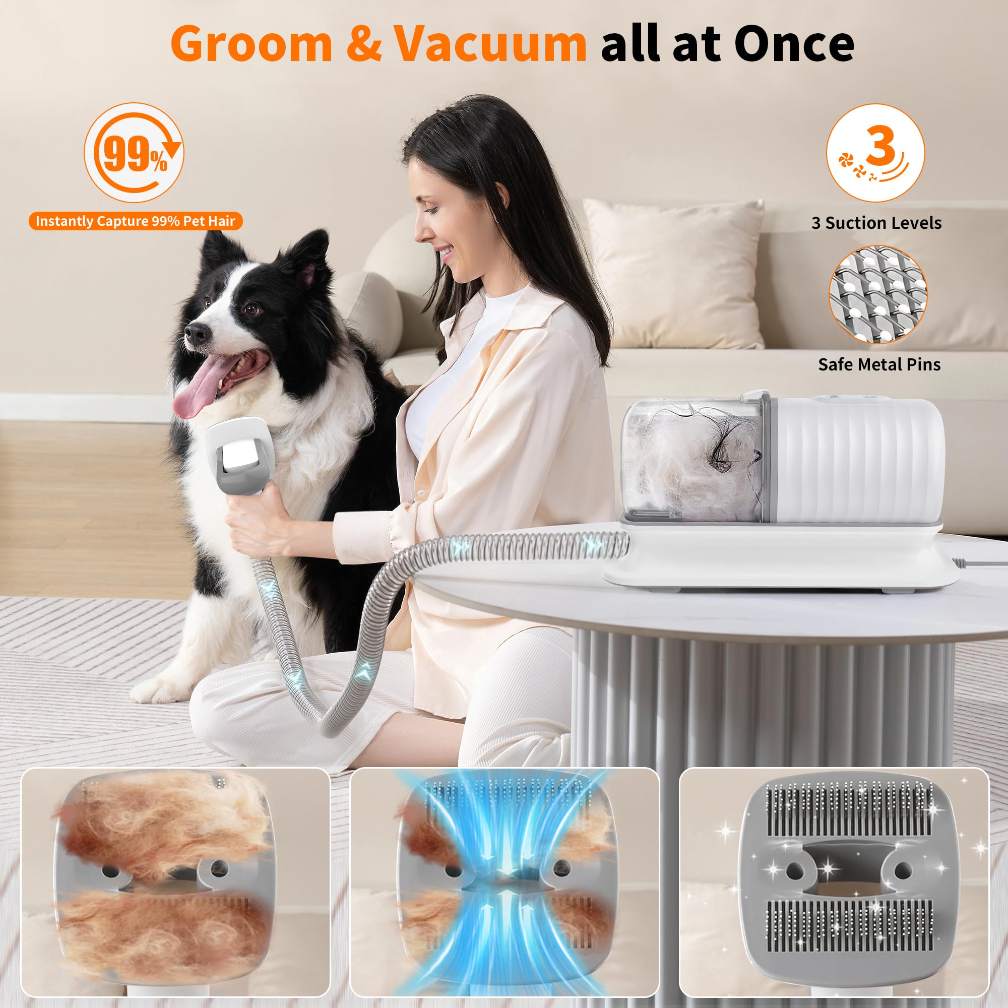 Kit per la toelettatura del cane, aspirapolvere per la toelettatura degli animali domestici con tagliacapelli elettrico, spazzola per la pulizia della polvere da 1,5 l, strumento per la pulizia e la