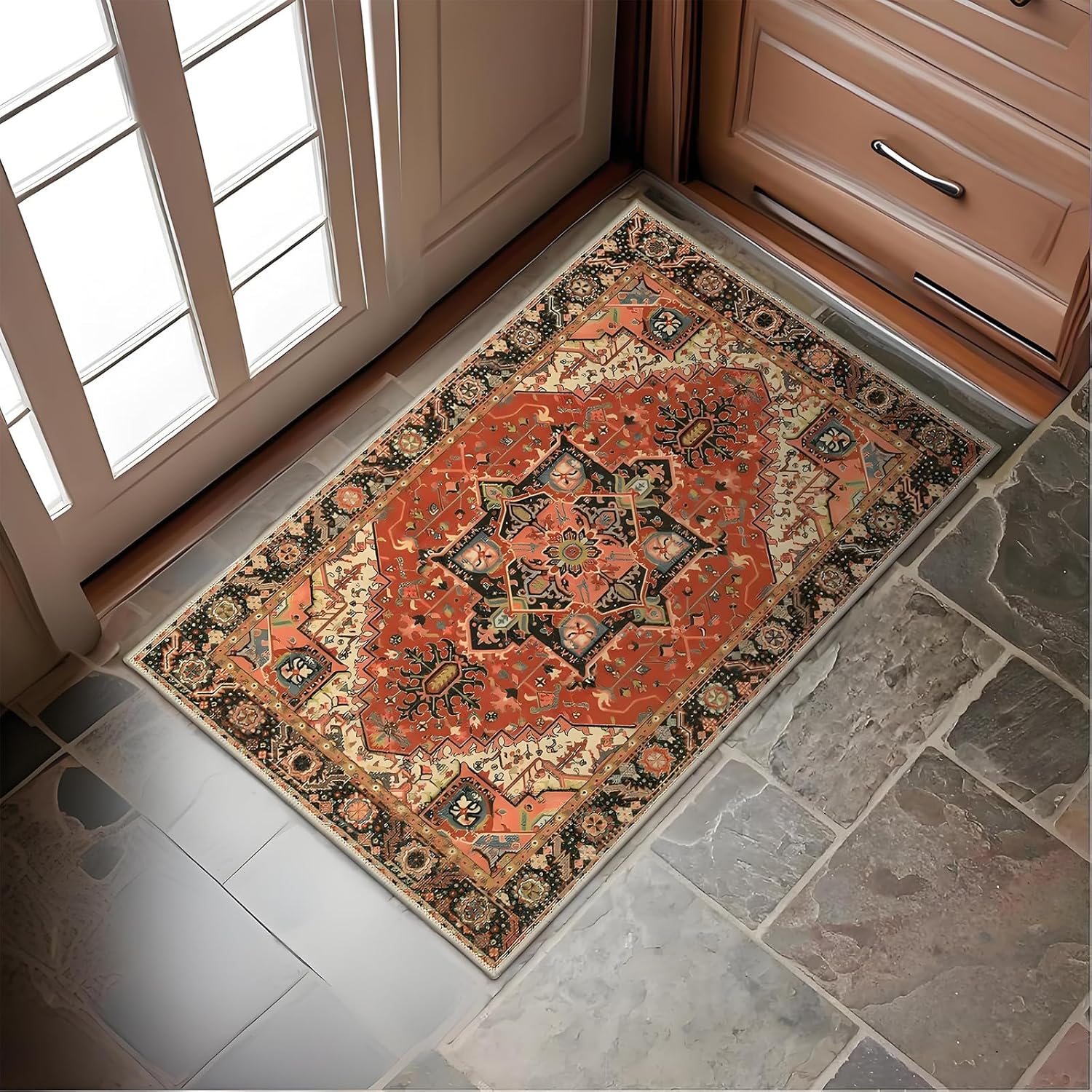 2 Pcs Washable Indoor Doormat 24" x 36" Non Slip Retro Floor Mat Area Rug Absorbent Entrance Rug Distressed, Accent Throw Rug for Bedroom Kitchen Entryway Bathroom(Multi Color)