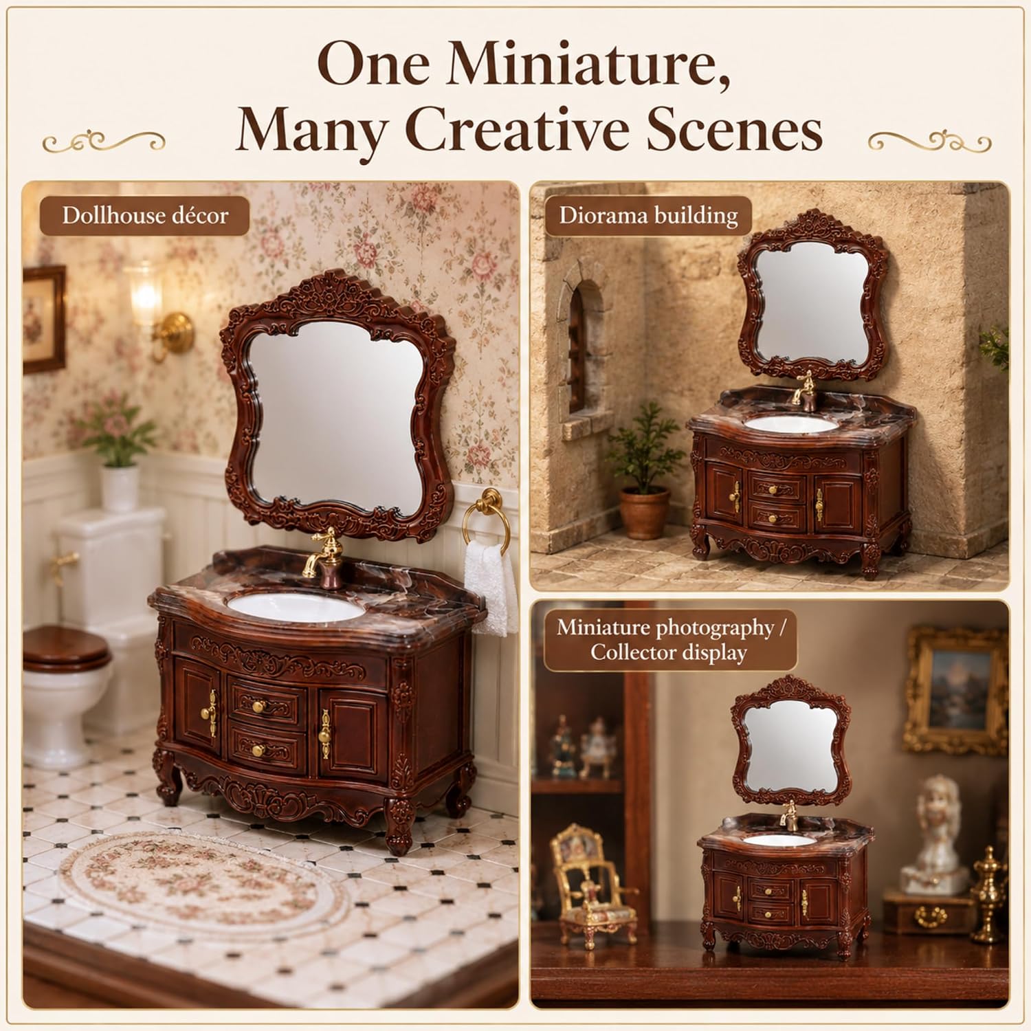 jojofuny Miniature Dollhouse Bathroom Vanity with Mirror, Antique Style Mini Sink Cabinet, Vintage Brown Dollhouse Furniture for Diorama, Miniature Scene, Collector Display