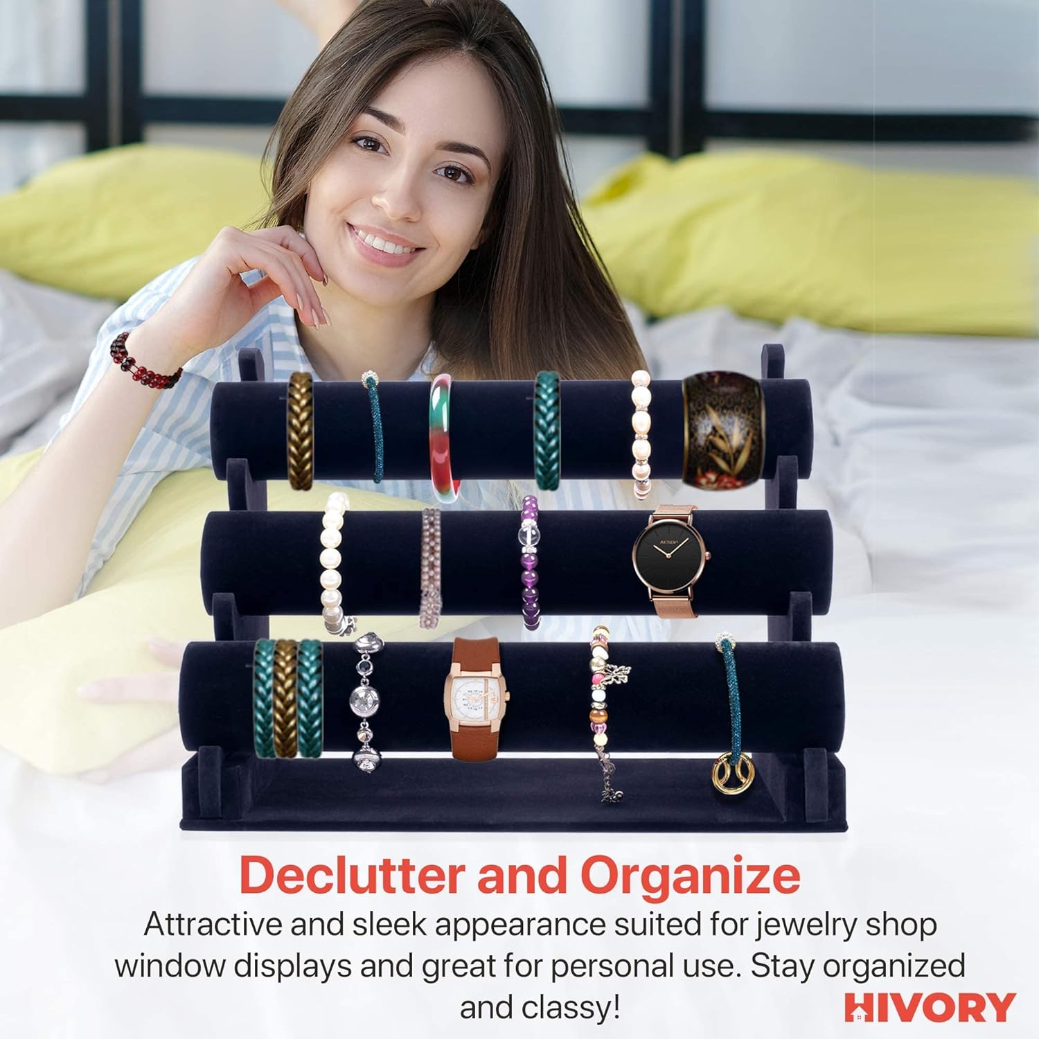 Bracelet Holder with Three Tier Racks ~ Velvet Bracelet Bangle Stand ~ Jewelry Organizer ~ Bangle Display ~ Jewelry Organizer for Wrist Watch, Bangles, Scrunchies and Bracelet (Black - 3 Tier Stand) : Clothing, Shoes & Jewelry