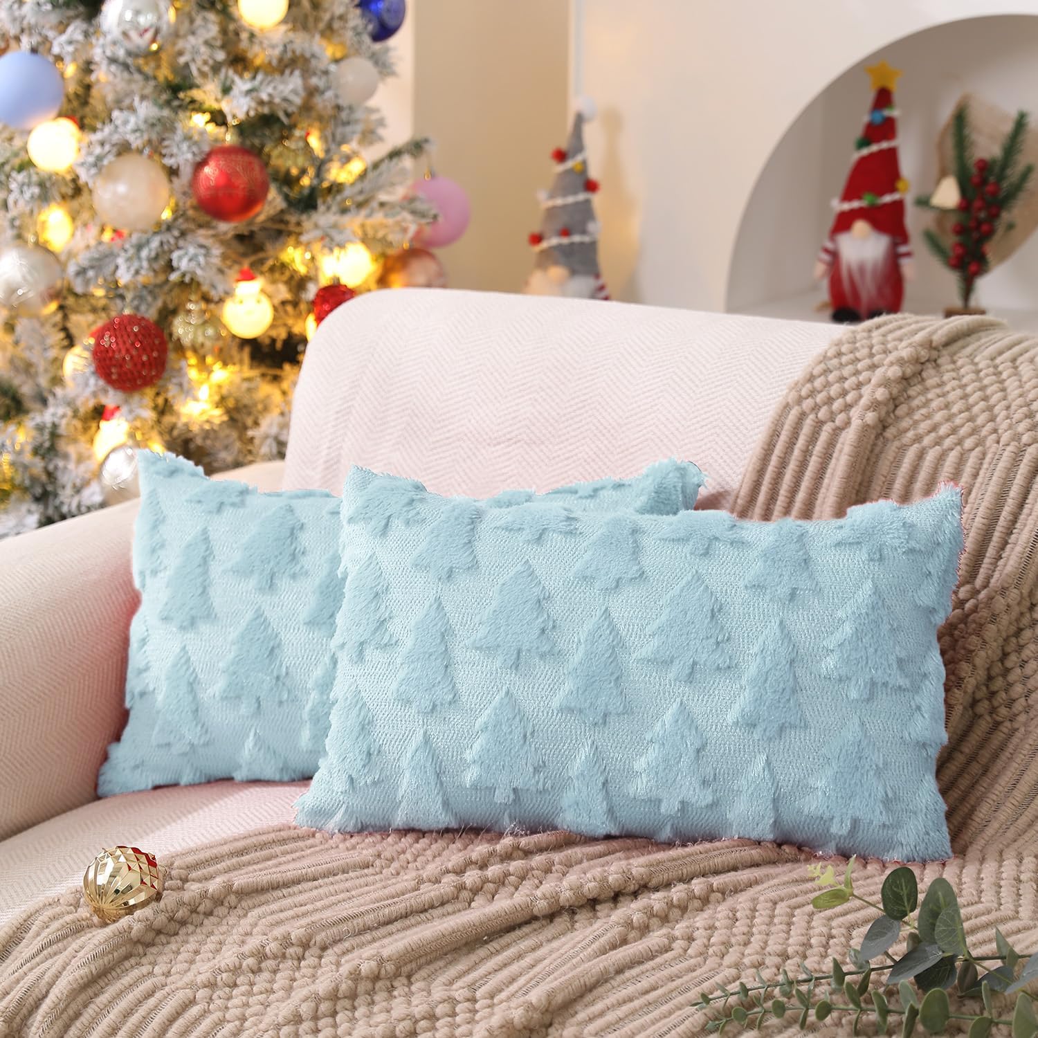 DFXSZ Christmas Tree Pillow Covers 12x20 inch Set of 2 Christmas Decoration Blue Soft Plush Faux Fur Jacquard Throw Pillows for Bedroom Sofa Holiday Festivals Winter Home Decor PTK006F12